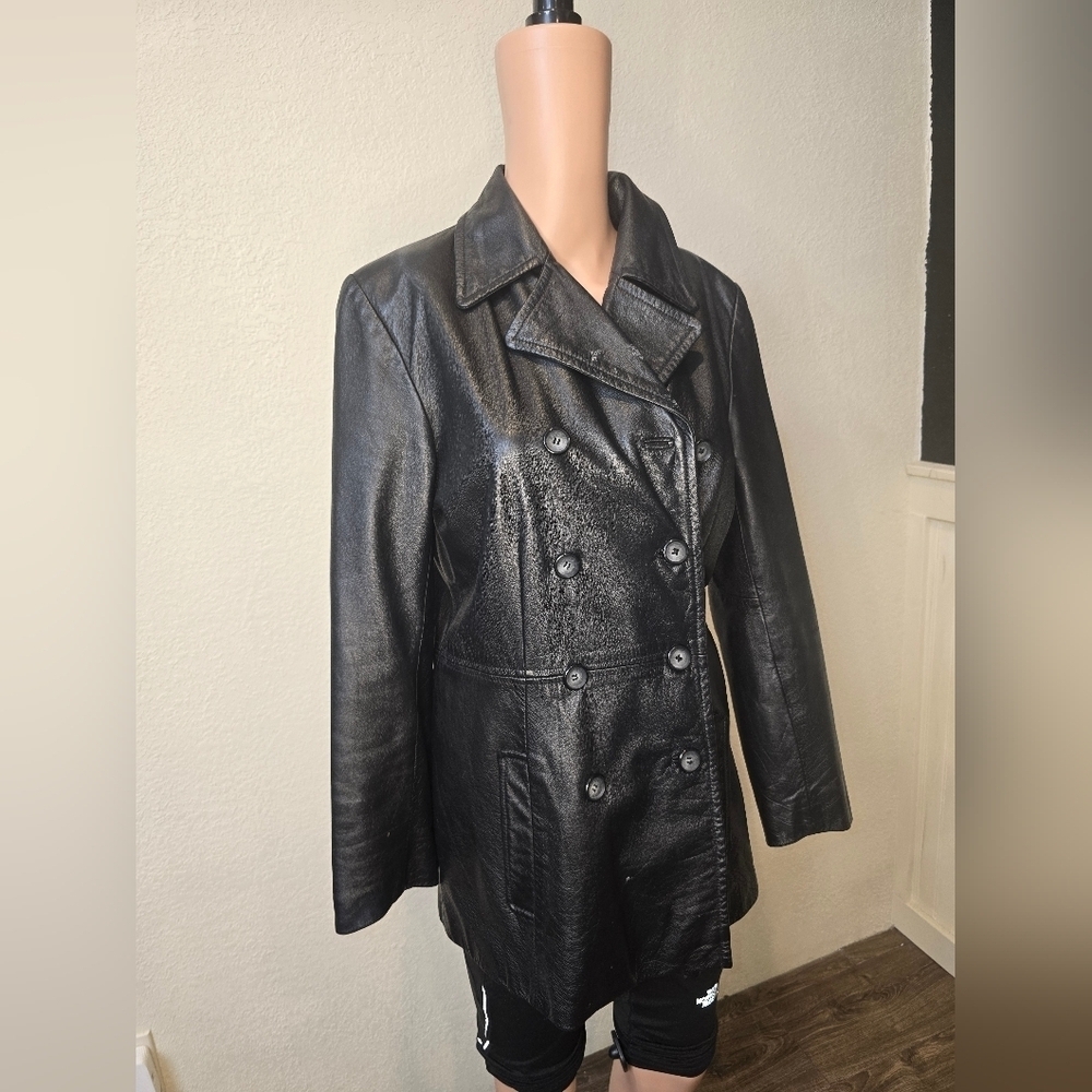 Colebrook Jacket Black Leather Double Breasted Collared Pockets Lined Size S - Picture 6 of 13
